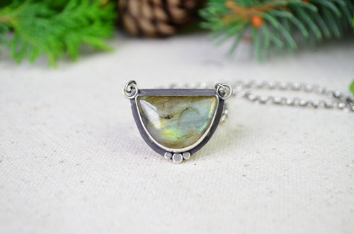 Labradorite Half Moon Necklace w/ Pebble Accents