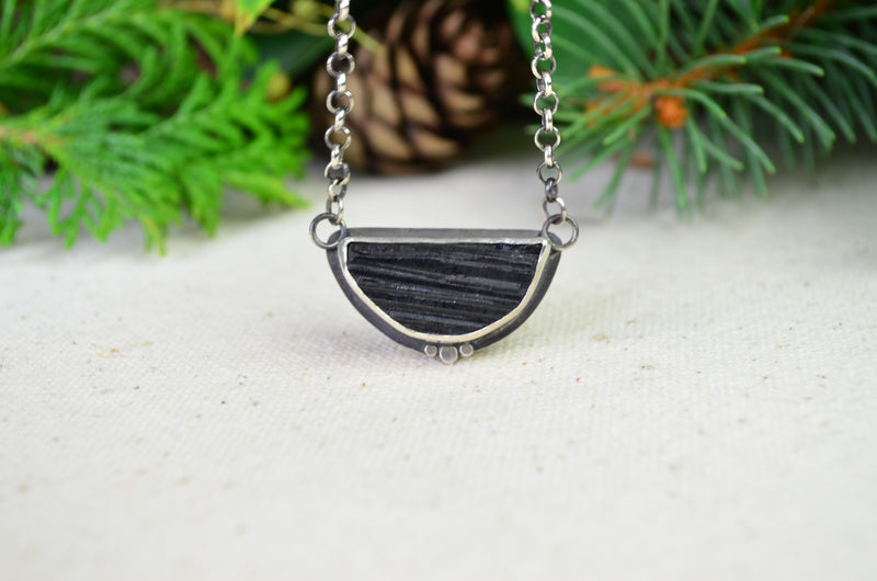 Black Tourmaline Half Moon Necklace w/ Pebble Accents