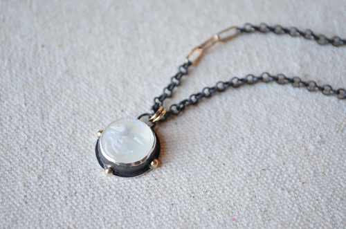 Carved Rainbow Moonstone Moon Face Necklace with 14K Yellow Gold Accents