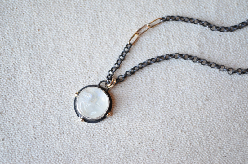 Carved Rainbow Moonstone Moon Face Necklace with 14K Yellow Gold Accents