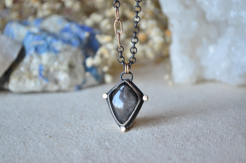 Silver Sheen Obsidian Shield Necklace with 14K Yellow Gold Accents