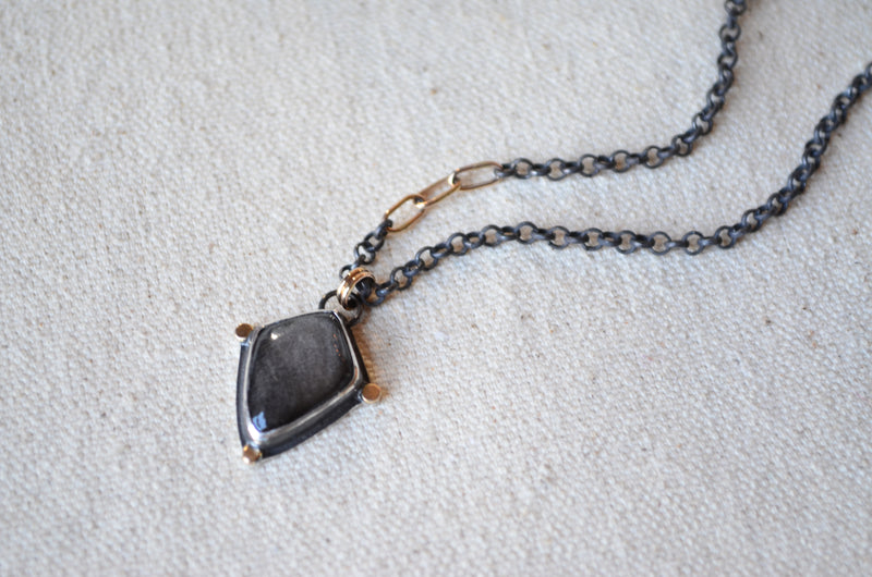 Silver Sheen Obsidian Shield Necklace with 14K Yellow Gold Accents