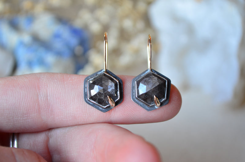 Black Sapphire Hex Earrings with 14K Yellow Gold Accents