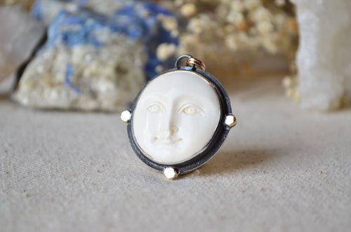 Carved Bone Moon Face Charm (For Removable Charm Necklace) with 14K Accents