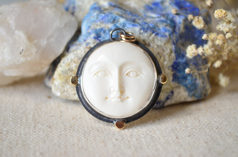 Carved Bone Moon Face Charm (For Removable Charm Necklace) with 14K Accents