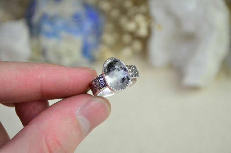 Herkimer "Diamond" Quartz Moon Crater Ring (Size 8)