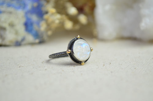 Carved Rainbow Moonstone Moon Face Ring w/ 14K Accents (Size 7 1/2)