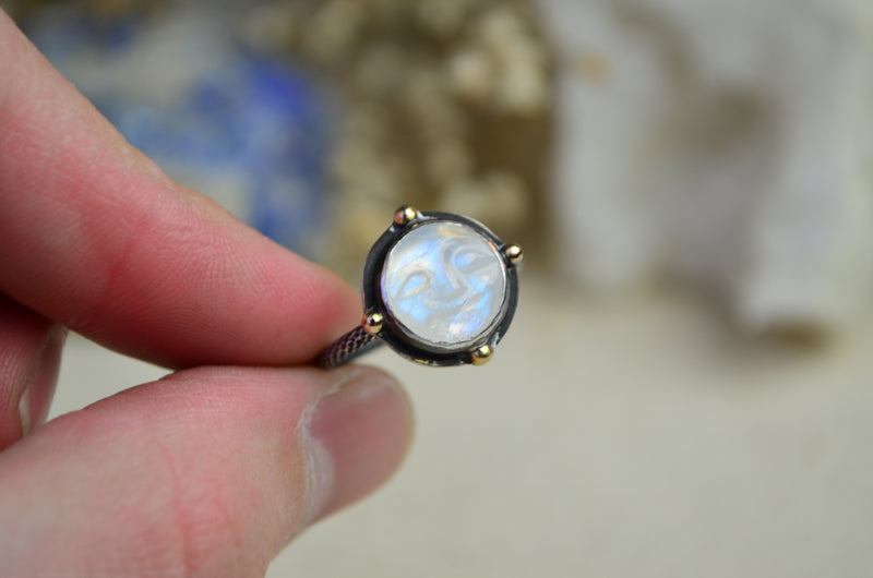 Carved Rainbow Moonstone Moon Face Ring w/ 14K Accents (Size 7 1/2)