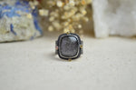 Silver Sheen Obsidian Textured Wide Band Ring w/ 14K Accents (Size 7 3/4)