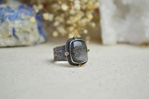 Silver Sheen Obsidian Textured Wide Band Ring w/ 14K Accents (Size 7 3/4)
