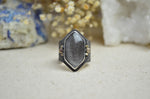 Silver Sheen Obsidian Textured Wide Band Ring w/ 14K Accents (Size 9 1/2)