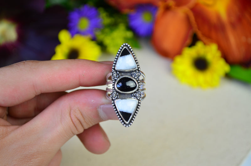 White Buffalo Turquoise & Black Tourmaline Ring (Size 8 1/2)