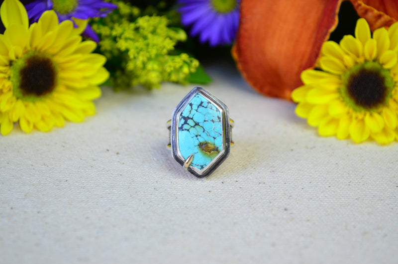 Yungai Turquoise Hex Ring w/ 14K Yellow Gold Accent (Size 6 1/2)