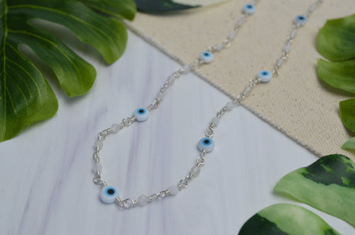 Evil Eye Necklace in Rainbow Moonstone & Sterling Silver