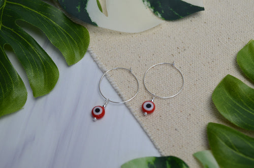 Evil Eye Hoop Earrings in Red & Sterling Silver