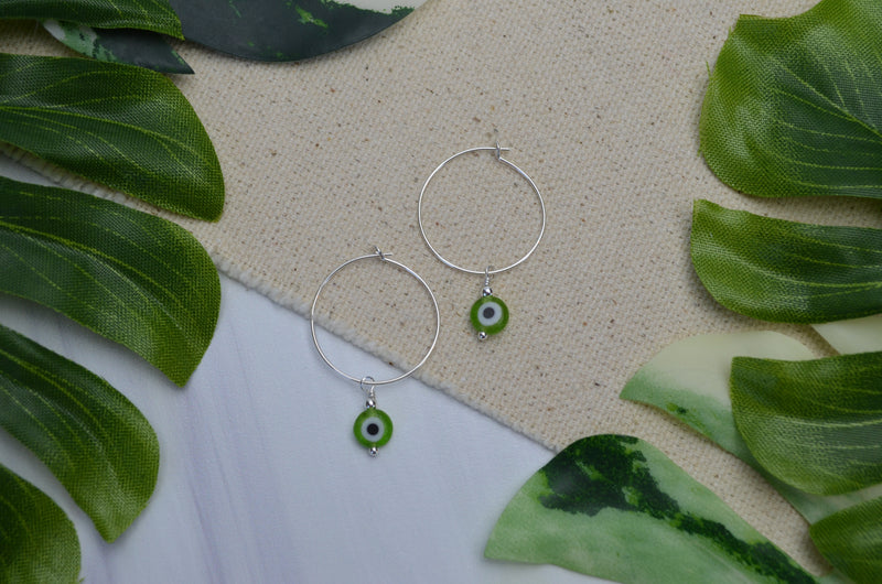 Evil Eye Hoop Earrings in Green & Sterling Silver