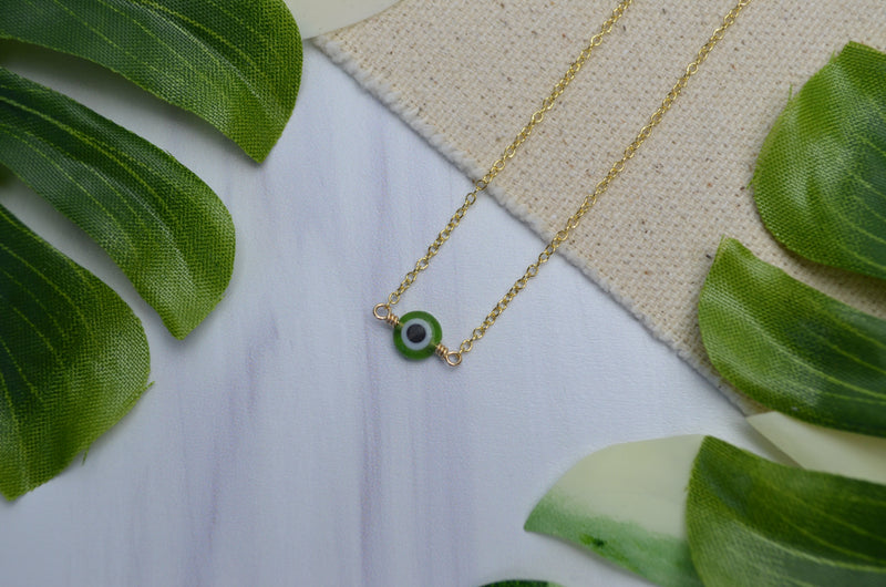 Evil Eye Necklace in Green & 14K Gold Fill