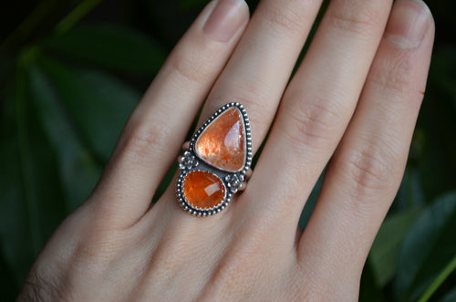 Sunstone & Spessartite Garnet Ring (Size 7 1/2)